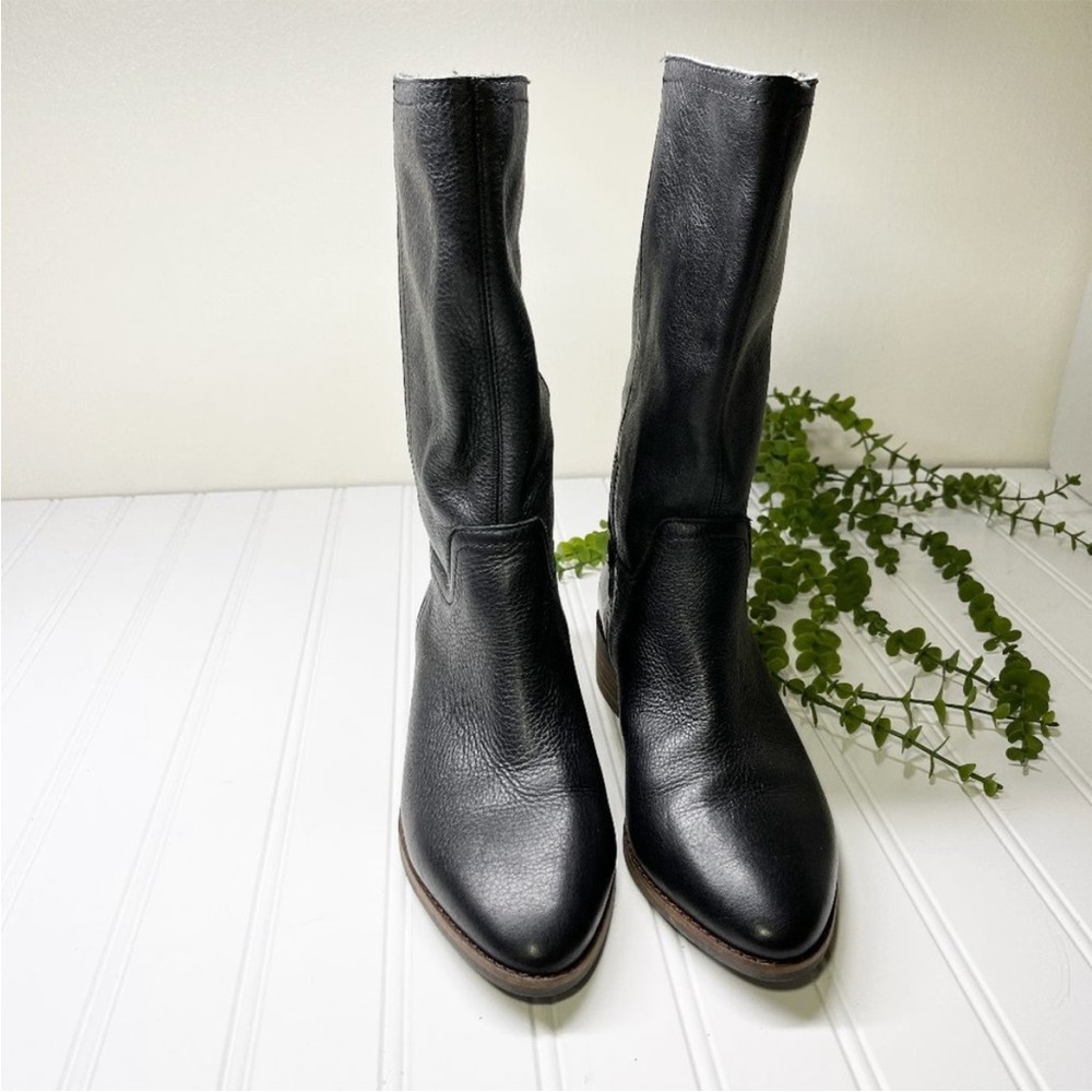 Lucky Brand Laerys Black & Brown Leather Mid Calf Pull On Boots Women's Size 6